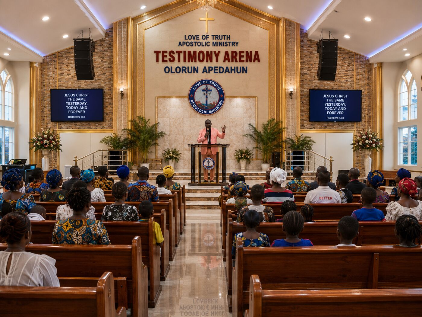 Founder ministering during a worship service at Testimony Arena