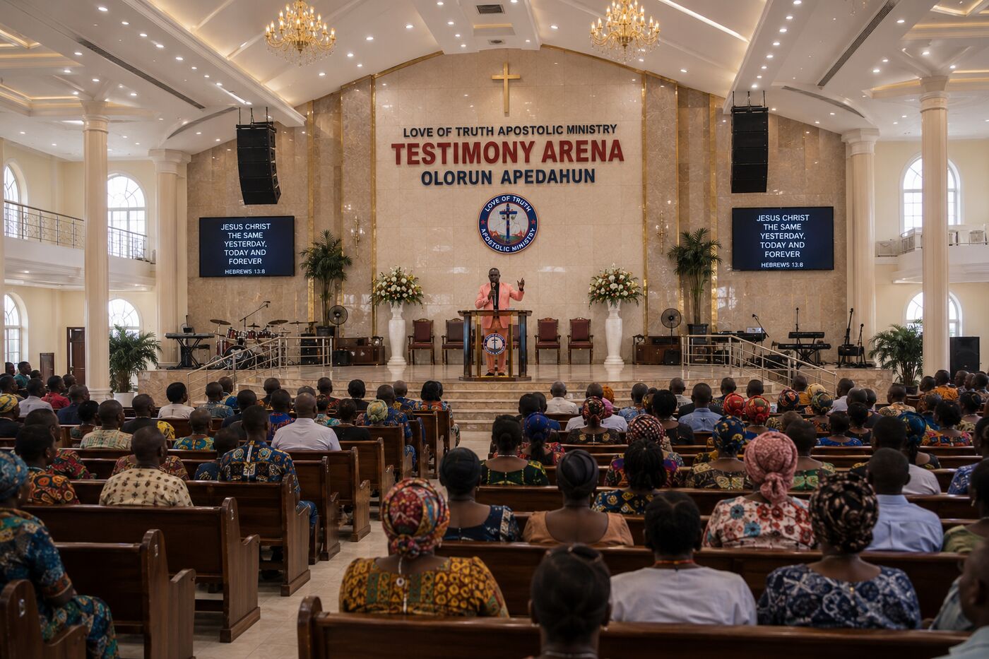 Full congregation seated during a service at Testimony Arena