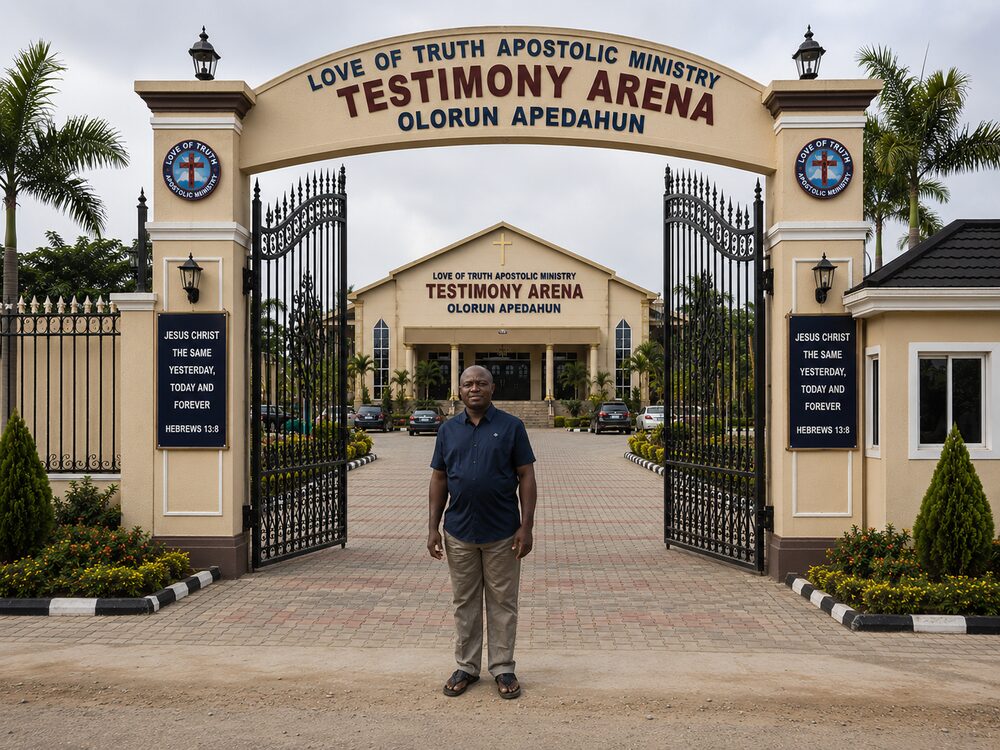Owolabi Oluwasegun standing at the entrance gate of Love of Truth Apostolic Ministry